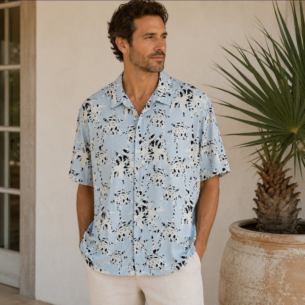 Bershka Sz L Palm Tree Print Camp Collar Button Up Shirt Blue Tropical Resort